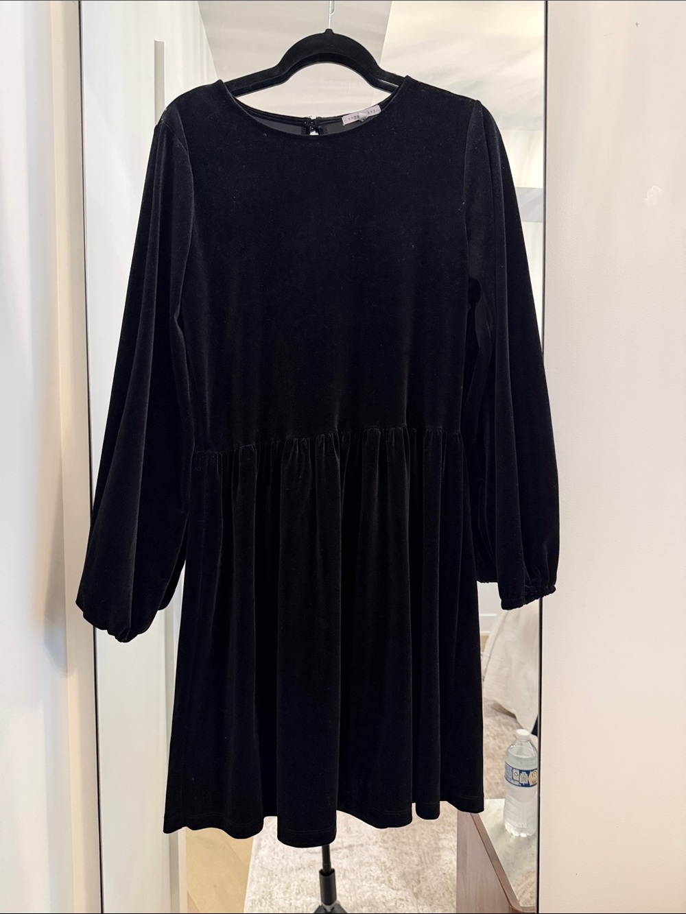 Copper Key Black Velvet Long-Sleeve Gathered Waist Dress